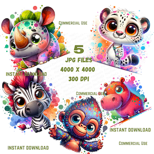 Quirky Animals 5 JPG Clipart Bundle Whimsical Safari animals Sublimation clip art Whimsy Nursery Party graphics Silly illustration