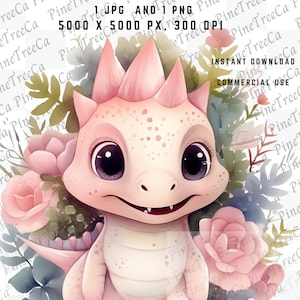 Watercolor Dinosaur ClipArt 1 PNG, 1 JPG, Transparent PNG, Instant Download, Pink Dinosaur, Commercial Use