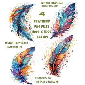 Watercolor feather 4 PNG Transparent files clipart, Instant Download, Commercial Use