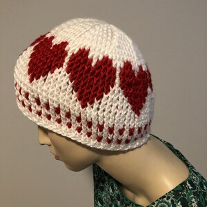 Crocheted Heart Hat, Valentine's Day Gift, Red & White Acrylic