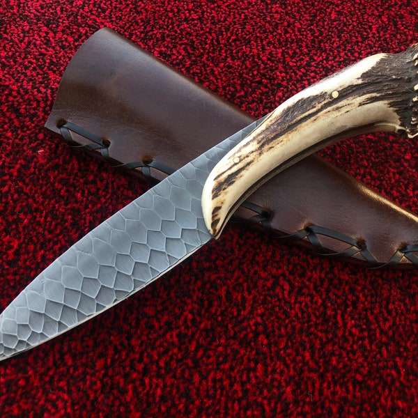 Antler Engraved Hunting Knife | Custom Handmade J2 Steel Knife | Leather Sheath