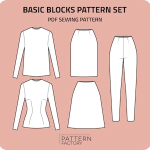 Op de afbeelding: Een set van vier basis naaipatronen voor een top met lange mouwen, een aansluitende top met lange mouwen, een rok en een broek. De patronen zijn in zwart getekend op een roze achtergrond. De tekst "BASIC BLOCKS PATTERN SET" en "PDF SEWING PATTERN" staat bovenaan de afbeelding. De tekst "PATTERN FACTORY" staat onderaan de afbeelding.