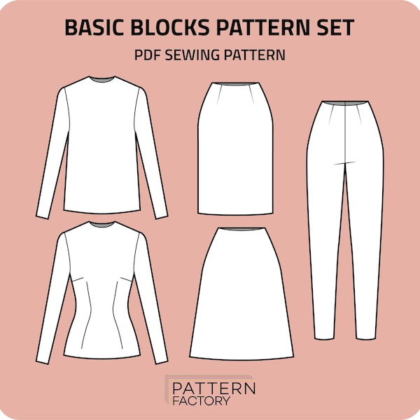 Woman's Basic Blocks PDF Sewing Patterns - Basic Skirt, A-Line Skirt, Basic Bodice, Bodice with Darts, Sleeve, Pants - Sizes 34-52