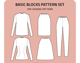 Woman's Basic Blocks PDF Sewing Patterns - Basic Skirt, A-Line Skirt, Basic Bodice, Bodice with Darts, Sleeve, Pants - Sizes 34-52