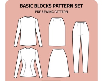 Woman's Basic Blocks PDF Sewing Patterns - Basic Skirt, A-Line Skirt, Basic Bodice, Bodice with Darts, Sleeve, Pants - Sizes 34-52