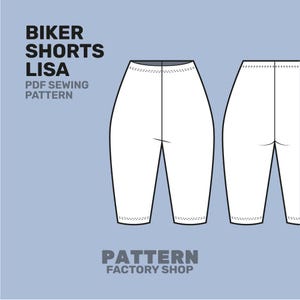 Könnte beinhalten: Ein Schnittmuster für Biker-Shorts, genannt "Lisa", mit Vorder- und Rückansicht der Shorts. Das Schnittmuster ist als PDF-Download erhältlich. Der Text "Biker Shorts Lisa PDF Sewing Pattern" befindet sich oben im Bild. Der Text "PATTERN FACTORY SHOP" befindet sich unten im Bild.