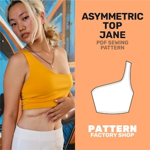Puede incluir: Un patrón de costura PDF para un top asimétrico de un solo hombro llamado "Jane". El patrón se muestra sobre un fondo blanco con una modelo que lleva una versión amarilla del top.