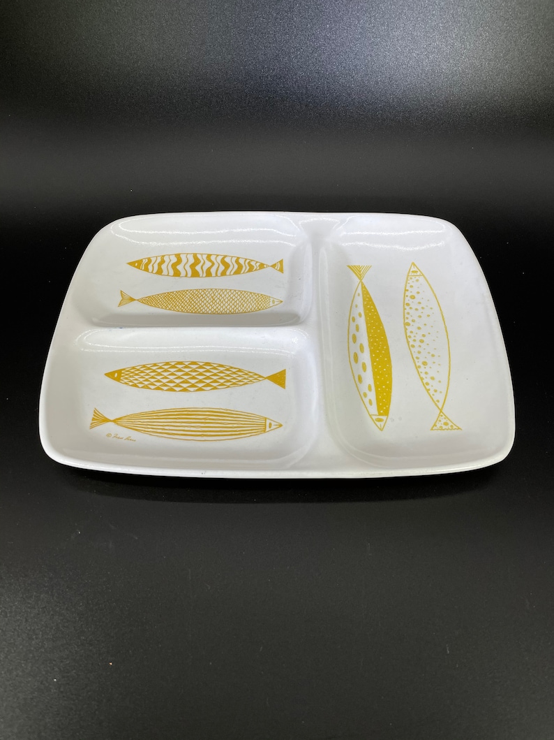 Iconic Fred Press Divided Plate Fish Glidden Pottery #300 WhiteYellow MCM Mid Century Vintage Ceramic