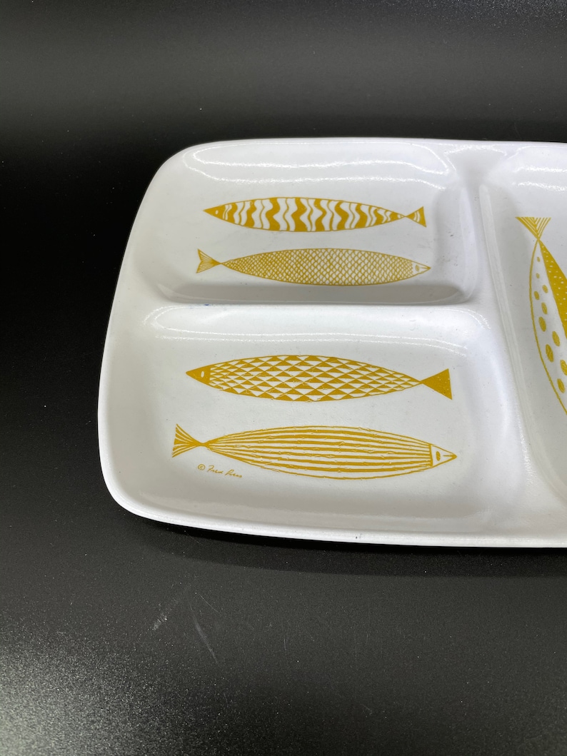 Iconic Fred Press Divided Plate Fish Glidden Pottery #300 WhiteYellow MCM Mid Century Vintage Ceramic
