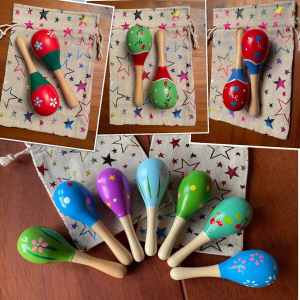 Pair of Colourful Wooden Maracas in Star Gift Bag - perfect size for baby & toddler hands