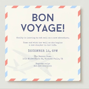 Vintage Bon Voyage Editable Invitation Template for farewell, goodbye, safe travels, new adventure.