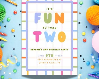 Rainbow It's Fun to be Two Invitation, Editable Second Birthday Template (Digital Download)