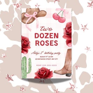 Two Dozen Roses 2nd Birthday Invitation: Pink Floral Western Theme (Editable Canva Template)