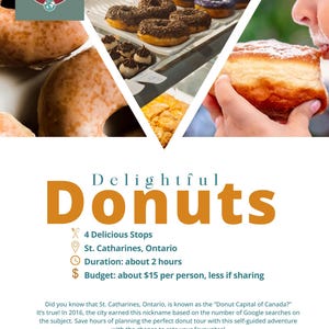 Peut inclure: Image présentant une variété de beignets, glacés, au chocolat et saupoudrés. Le texte « Delightful Donuts » et des informations sur une visite guidée des beignets à St. Catharines, Ontario, sont également inclus.