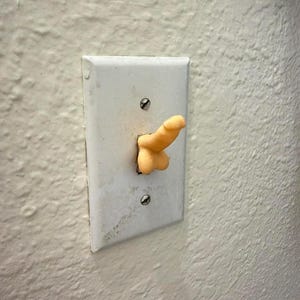 Könnte beinhalten: Eine weiße Lichtschalterplatte mit einem neuartigen orangefarbenen Schalter in Form eines Phallus. Die Schalterplatte ist an einer strukturierten, cremefarbenen Wand montiert.