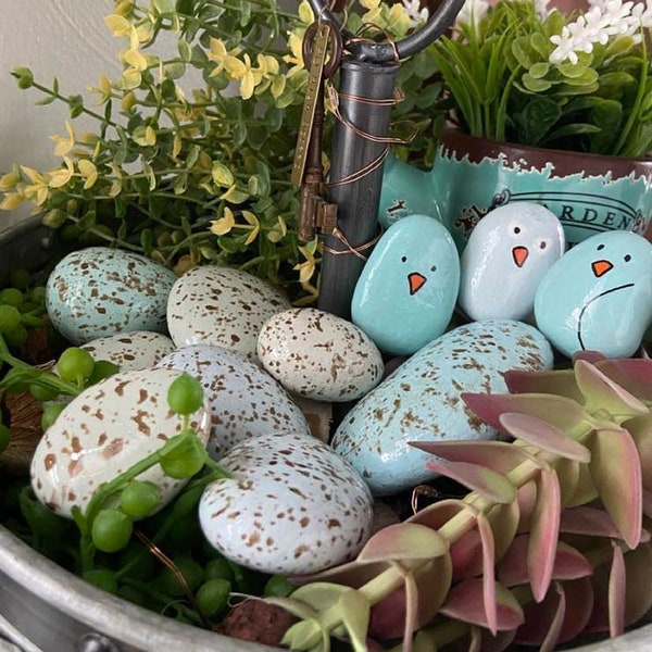 4 to 7 Speckled Blue Eggs, Spring Tiered Tray decor, Sealed Painted Rocks for garden, Robins Egg, Blue Spring Decorations, Blue Easter eggs
