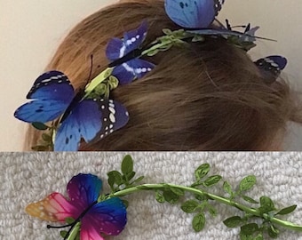 Butterfly crown headband, blue soft butterflies , green leaves, pretty, USA owned business