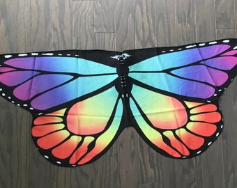 Rainbow or solid  Butterfly Wings: Kids Costume with Elastic Wrist Loops, 1-5 yr