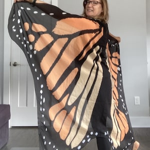 Adult moth or butterfly wings, costume, blue, long skirt, costume, monarch, wrist loops, butterfly cape, cosplay, festival, drawstring bag