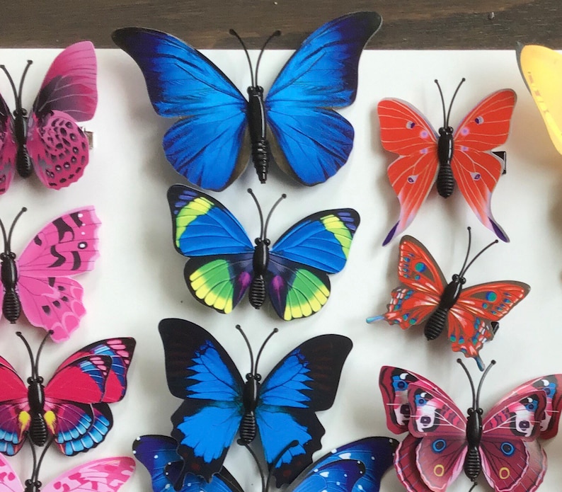 May include: Assortment of colorful butterfly hair clips. The clips feature various designs and colors, including blue, red, pink, and green. The butterflies are made of plastic and have a shiny finish.