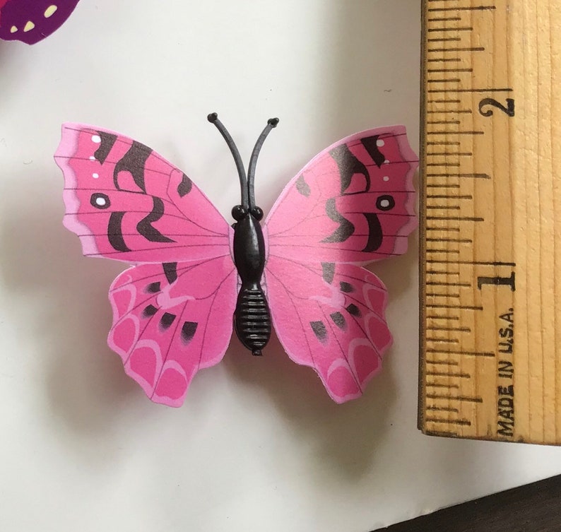 May include: Pink butterfly with black markings and a black body. The butterfly is about 1 inch wide.