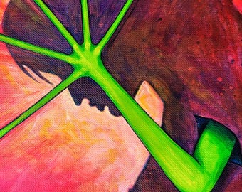 May include: A vibrant painting featuring a central bright green hand-like shape with five extended fingers, layered over a dark brown silhouette. The background consists of bold red rectangular segments, black paint splatters, and a blue and yellow speckled field.