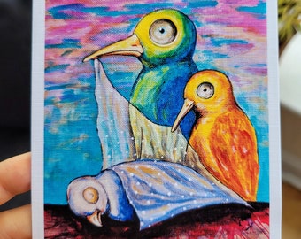 Hummingbird Art Postcard Bird Family - Printed Lowbrow Art - Pop Surrealism Poster by Ukrainian Artist mARTishasea