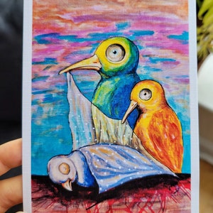 Hummingbird Painting Lowbrow Bird Art Pop Surreal - Slavic Folk Psychological Print, Bird Family Poster by Ukrainian Artist mARTishasea