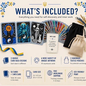 Op de afbeelding: Een tarotdeck met 56 kaarten, inclusief een infokaart, met unieke illustraties en kaartrugontwerpen. De set bevat twee handgemaakte stoffen zakjes en is gedrukt op milieuvriendelijk papier. Kaartformaat: 11 x 8,5 cm.
