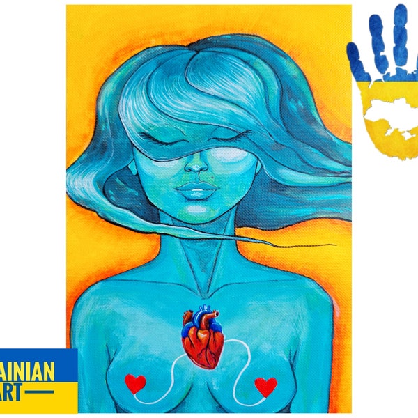 Digital Download Woman Portrait Print Surreal Anime Manga Art Heart Nakid Girls Body Naked Blue Yellow Ukrainian Artist Shop by Martisha Sea