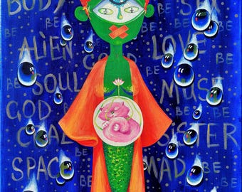 Mermaid Art Surreal Cat Print, Siren Fantasy Ocean Painting, Mythical Sea Creature Poster by Ukrainian Artist mARTishasea