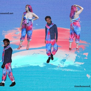 Indie Alt Style Tie-Dye With Blue Satin Reversible Paper Bag Waist Unisex Street Wear Sweatpants Jogger Wrap Top Scarf Size S-L