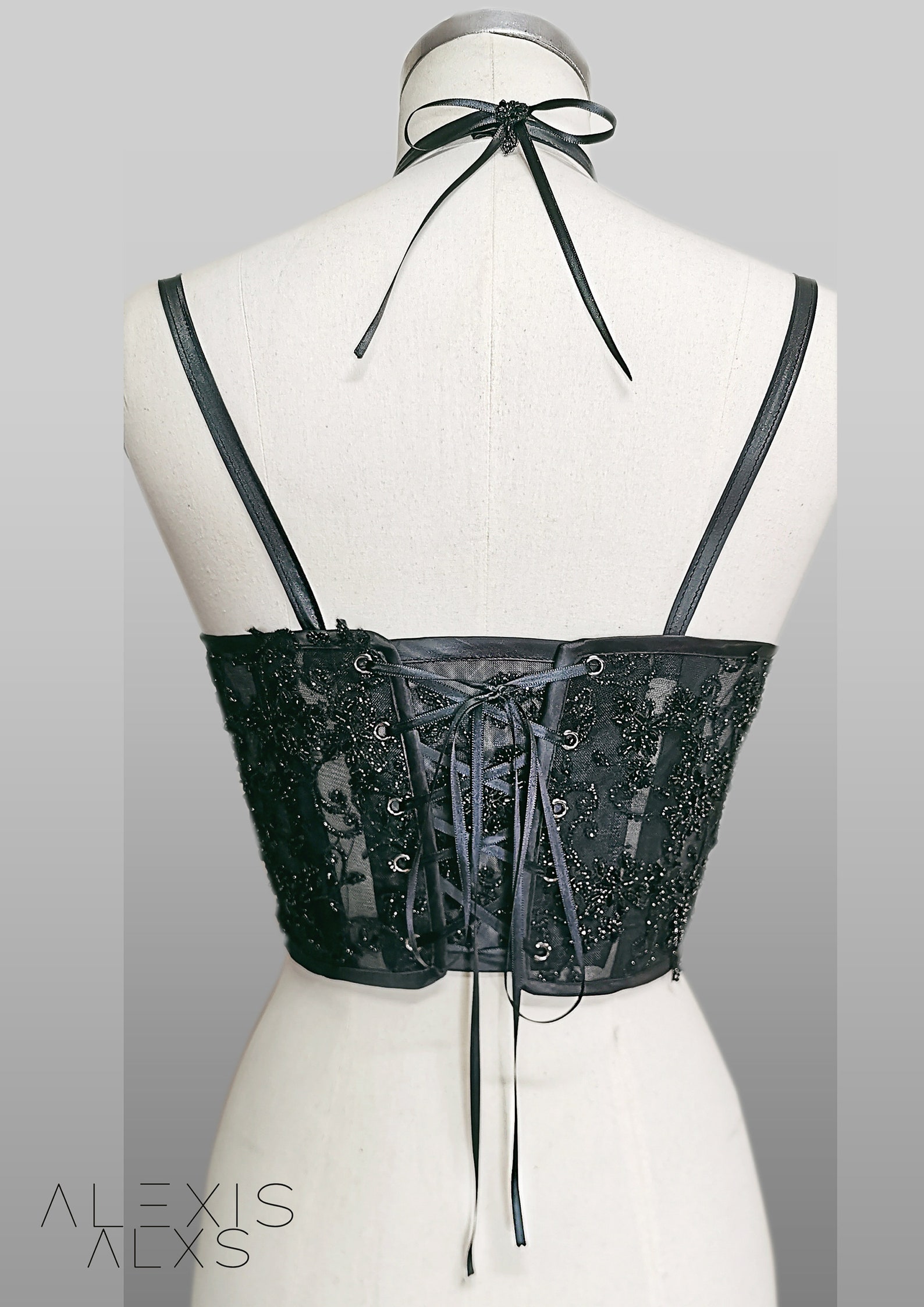 Corsetto Sottoseno Lungo In PVC Nero Con Pannelli Laterali In Rete - Foto 4