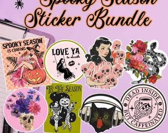 Feuille d'autocollants de saison fantasmagorique rétro vintage MCM Halloween Coffee Lover Vinyle mat autocollants imperméables Set Grunge Ghost Skeleton Witchy Szn