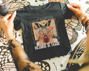 Reading is Magic Toddler Jersey Tee Bookworm Shirt for Kids Size 2T-6T Retro Collage Art Library Lover Unique Children T-Shirt Gift for Them