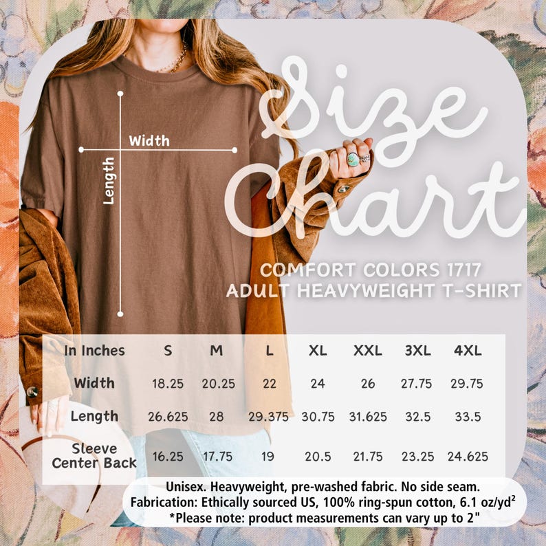 Op de afbeelding: Maattabel voor een Comfort Colors 1717 volwassen heavyweight T-shirt. De tabel toont afmetingen in inches voor breedte, lengte en mouwcentrum achter voor maten S t/m 4XL. Het shirt is unisex, voorgewassen en gemaakt van 100% ringgesponnen katoen.