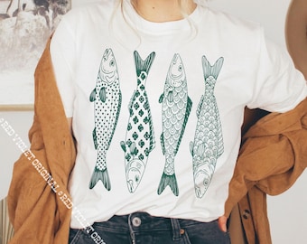 T-shirt graphique rétro Fish Comfort Colors® à motif sardines vertes T-shirt sardines minimaliste pour femme unique en son genre