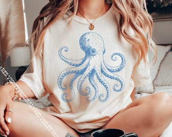Style vintage t-shirt graphique bleu pieuvre rétro gothique Comfort Colors® illustré cadeau amateur de pieuvre pour eux esthétique tendance grunge pour femmes