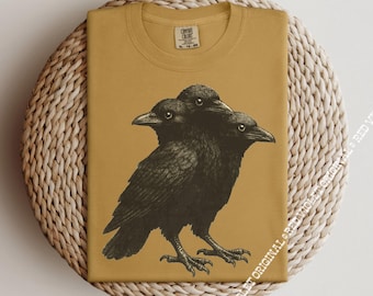 Haut grunge effrayant à 3 têtes T-shirt graphique Comfort Colors® Amoureux du corbeau gothique Saison d'Halloween Chemise corbeaux mutants effrayants esthétiques d'automne