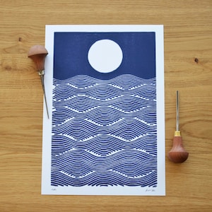 The Moon and the Sea · Original Linocut · Dark Blue