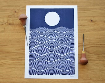 The Moon and the Sea · Original Linocut · Dark Blue