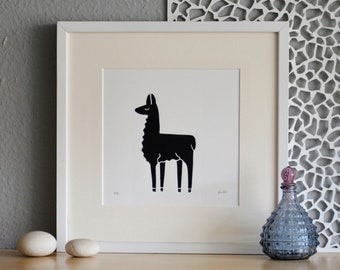 Lama · Originele linoprint · vierkant · Zwart