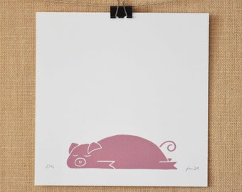 Piggy · linogravure originale · carré · rose