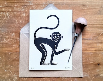 Original lino print · greeting card · monkey · black · kraft paper