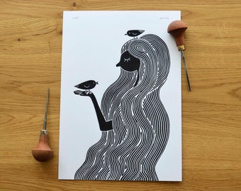 Bird Woman · Original Linocut · DIN A4 · Black