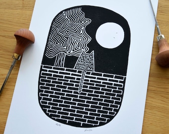 Original Linocut Print · Cat on the Wall · Black