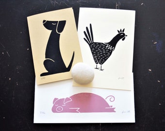 Original linocut print Greeting Card Piglet Pink