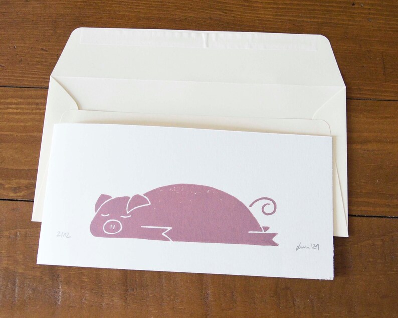 Original linocut print Greeting Card Piglet Pink