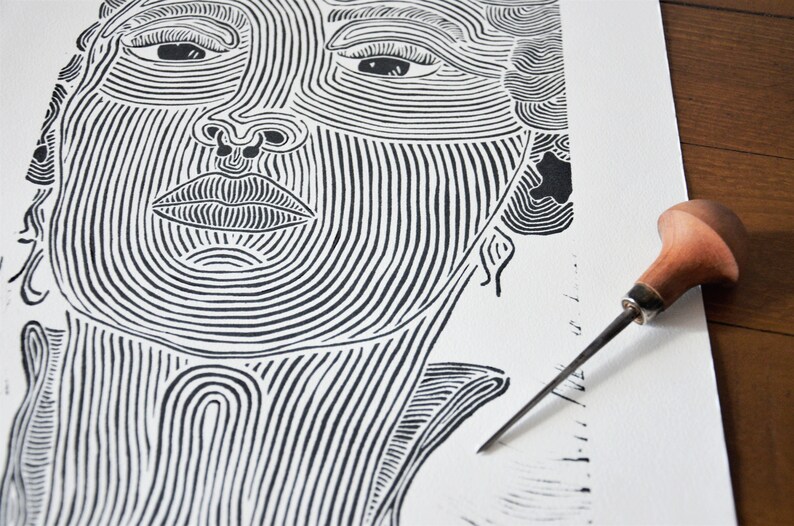 limited to the Din A3 Woman with Piercing Original linocut print
