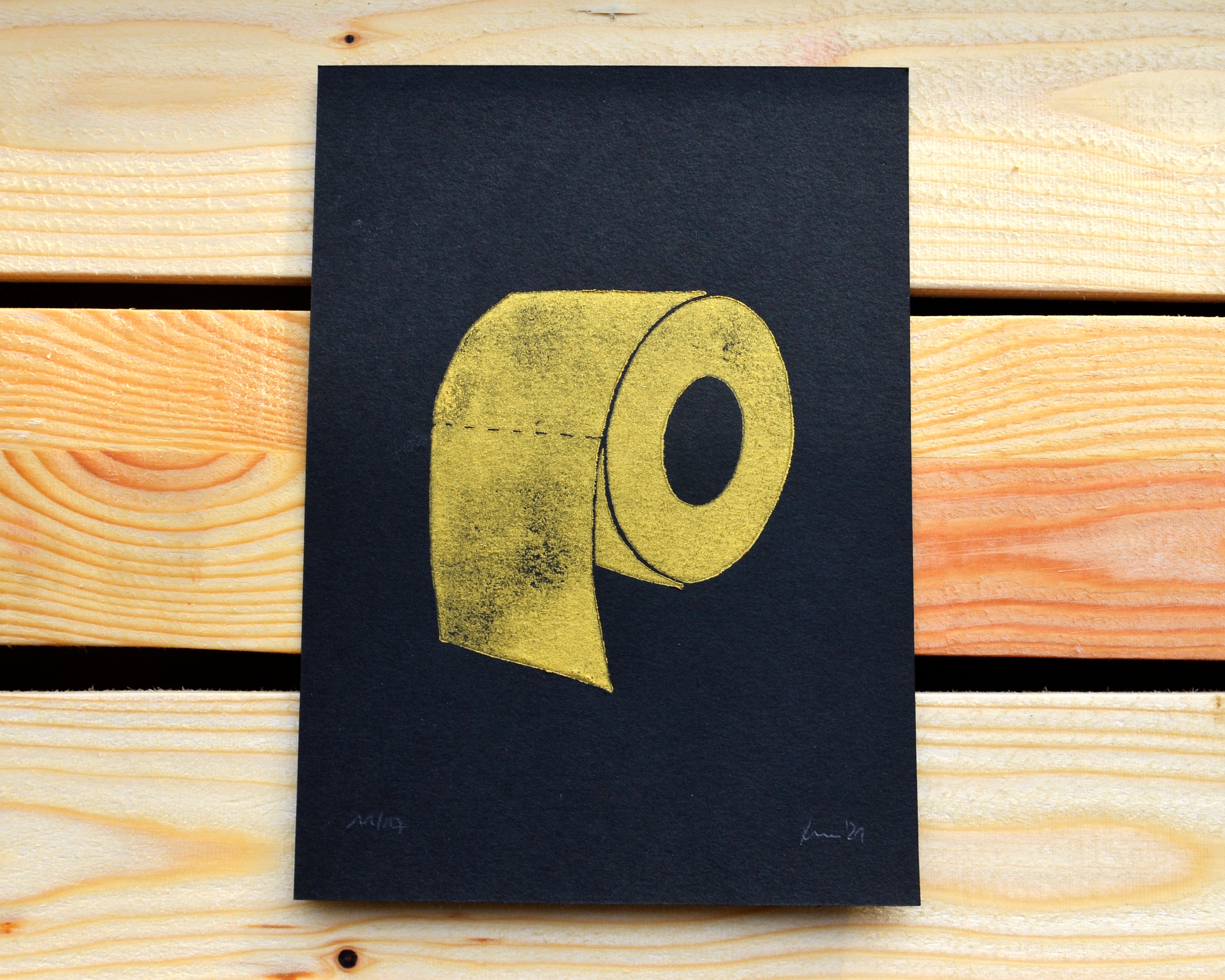Golden Toilet Paper · Original Linocut Print · Black/Gold